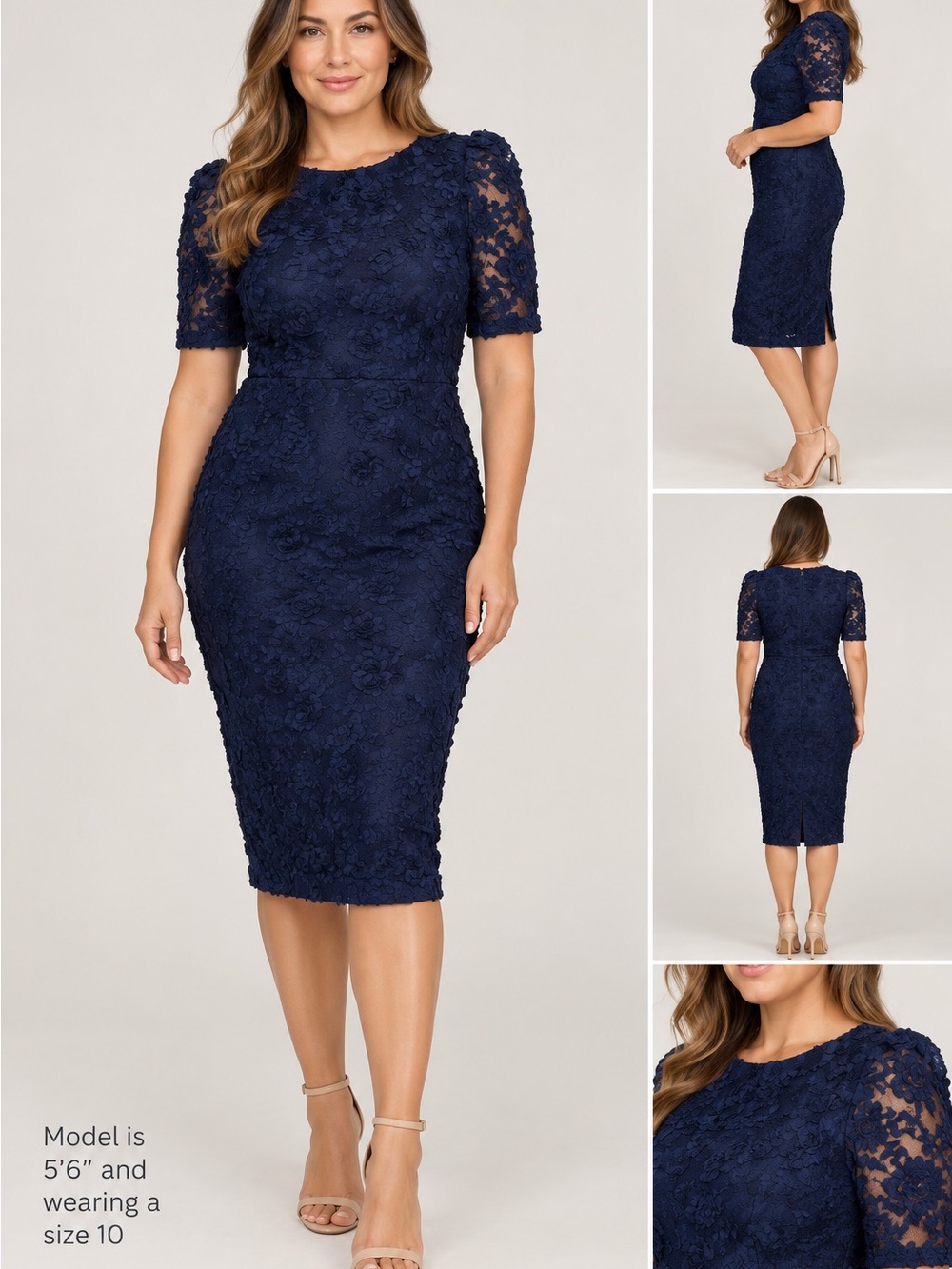 Xscape Navy Floral Lace Midi Dress